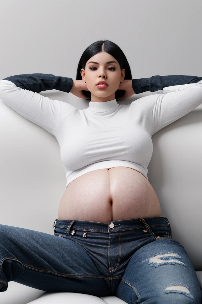 pregnant american girl wearing a black croptop with long sleeves and denim trousers, sitting on a couch in a white room, (perfect belly), 19 years old, (hyper realistic), 4k resolution, (perfect belly), perfect legs, perfect arms