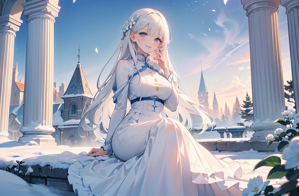 ((best quality，masterpiece，Extremely complex and exquisite details，There is only one beautiful girl with long white straight hair and blue eyes，Smile，long skirt))，(Exquisite light blue and white clothing，Beautiful bright and exquisite ancient style white castle architectural background)，(correct anatomy，exquisite face)，(Exquisite fantasy dream style，Snow，Falling Flowers，The great outdoors)，Sitting