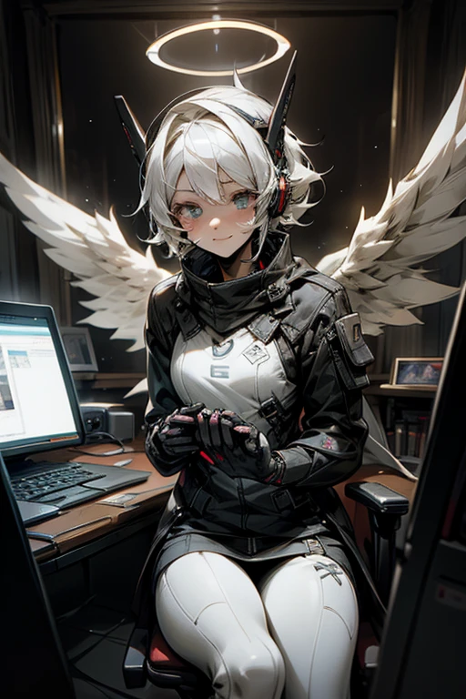 anime style, super fine illustration, highly detailed, dynamic angle, beautiful detailed, 8K, At midnight, in a dark room, Blake. A woman sits in front of her computer. BREAK She is wearing a headset with a microphone and holding a video game controller, BREAK She is playing a awesome game.Angel Halo,Angel Wings,Tears,White Hair,Short Hair, smily face,perfect face,