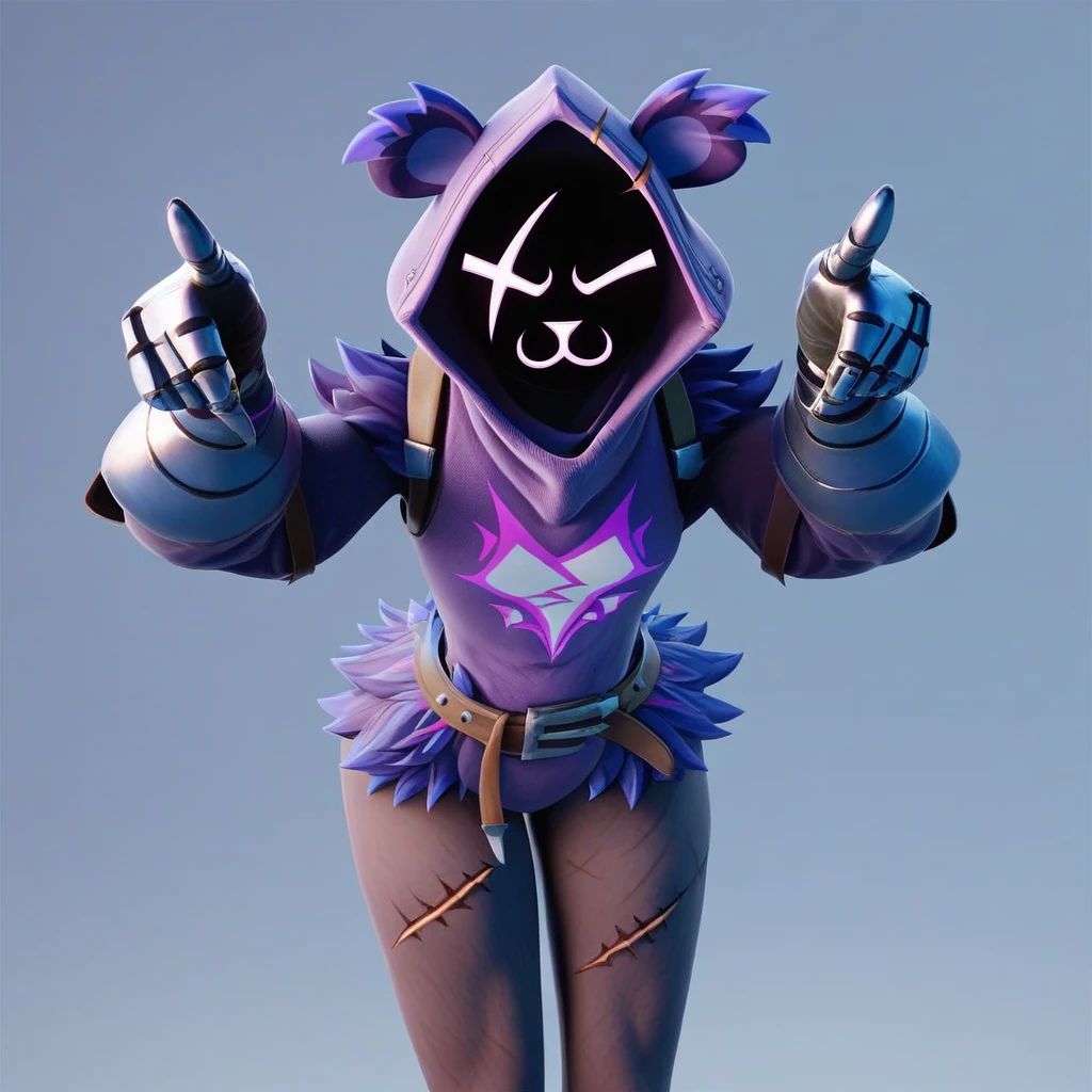 Raven team leader,purple hoodie, with no face, shadowed face, animal ears,purple skin, scar on eye, body skin, purple fur, waist belt, torso symbol, metal gloves, pointing your ass at the viewer, leaning forward, pushing, she closes her eyes, hands resting on top of a small wall, her with her eyes closed, hands are not in the air, expression of force, clear and blue day