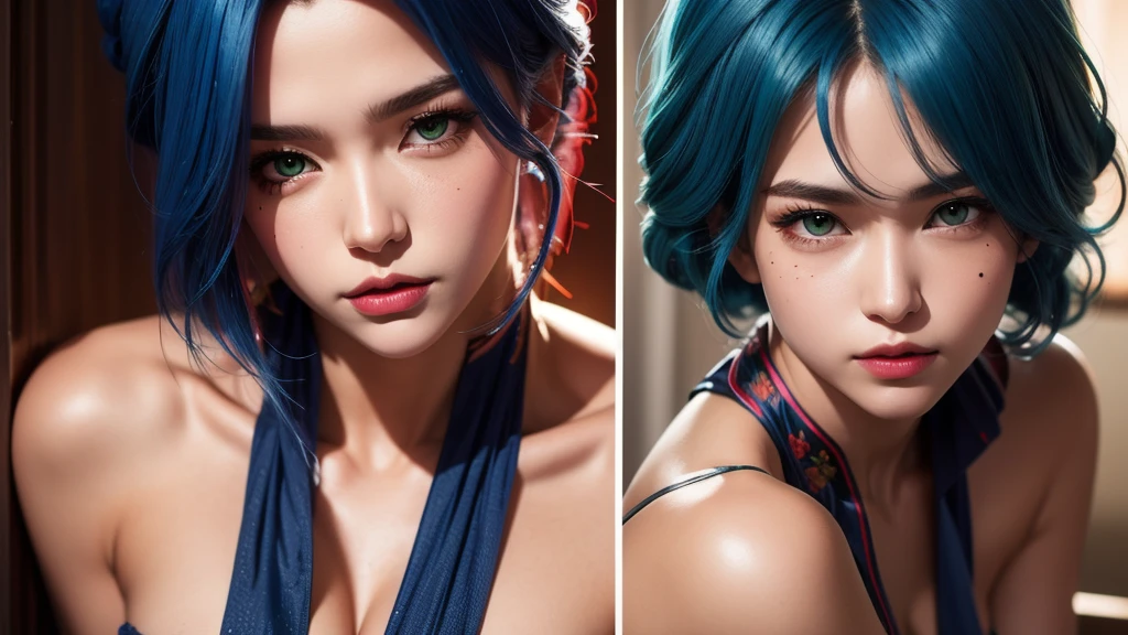 (hyper realisitic), (Illustration), (High resolution), (8K), (Extremely detailed), (Best Illustration), (Beautiful detailed eyes), (Best Quality), (Ultra-detailed), (masutepiece), (wall-paper), (Photorealistic), (Natural light), (Rim lighting), (Detailed face), (Highly detailed realistic skin texture), (Anatomically correct), (Solo), (1 girl), (extremely detailed realistic hair), (Blue hair:1.2), spiked hair, (Heterochromic eyes), (Detailed green eyes), (Small moles under the eyes), (Realistic big breasts:1.5), (Exposed breasts:1.3), (Long legs), (Slender Abs), (Dynamic Pose), (Closed mouth:1.3), (Traditional costumes of Hanfu), (Sheer clothes:1.5)