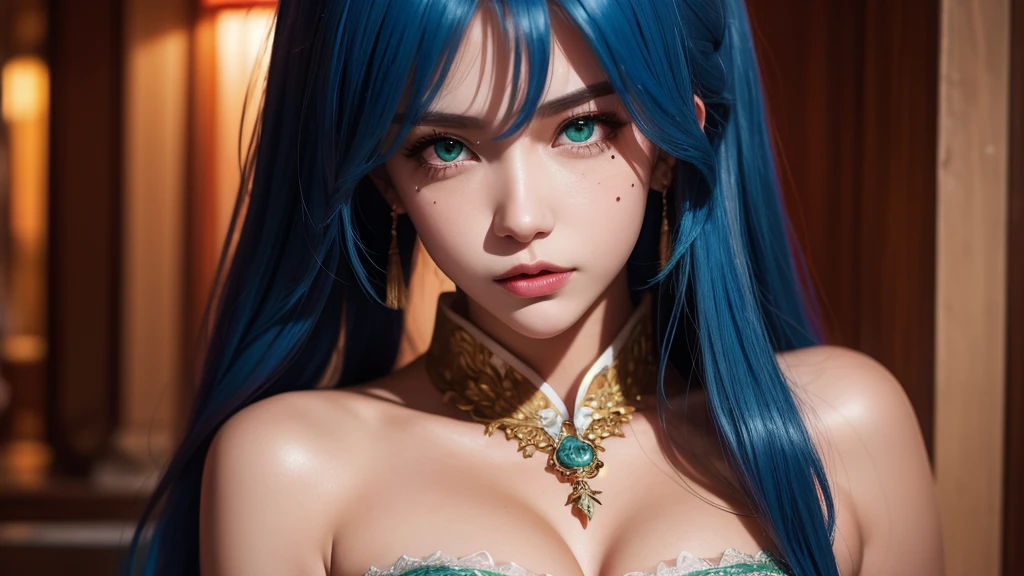 (hyper realisitic), (Illustration), (High resolution), (8K), (Extremely detailed), (Best Illustration), (Beautiful detailed eyes), (Best Quality), (Ultra-detailed), (masutepiece), (wall-paper), (Photorealistic), (Natural light), (Rim lighting), (Detailed face), (Highly detailed realistic skin texture), (Anatomically correct), (Solo), (1 girl), (extremely detailed realistic hair), (Blue hair:1.2), spiked hair, (Heterochromic eyes), (Detailed green eyes), (Small moles under the eyes), (Realistic big breasts:1.5), (Exposed breasts:1.3), (Long legs), (Slender Abs), (Dynamic Pose), (Closed mouth:1.3), (Traditional costumes of Hanfu), (Sheer clothes:1.5)