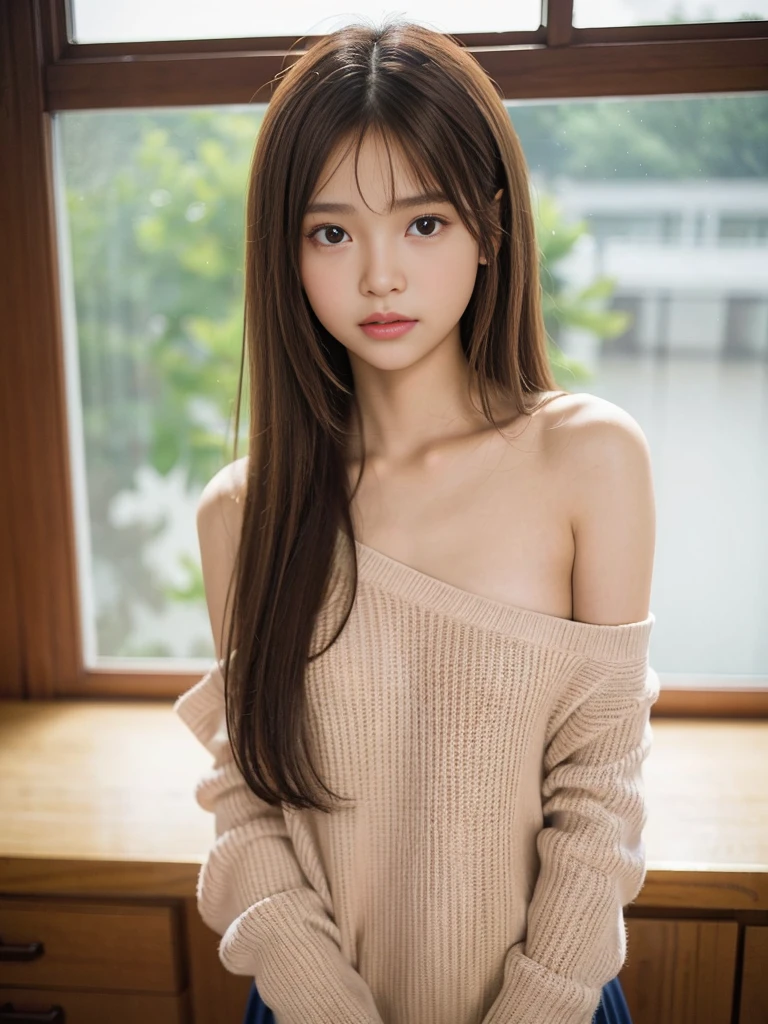 A filipina young girl, 14 years old baby face, long straight messy hair, random pose、top-quality、A high resolution、(Photorealsitic:1.5)、1 girl、Red sweater、(Brown hair:1.2)、(flat chested:1.2)、‎Classroom、looking at viewert、a closeup、full body Esbian、Nasty eyes, seducing viewer