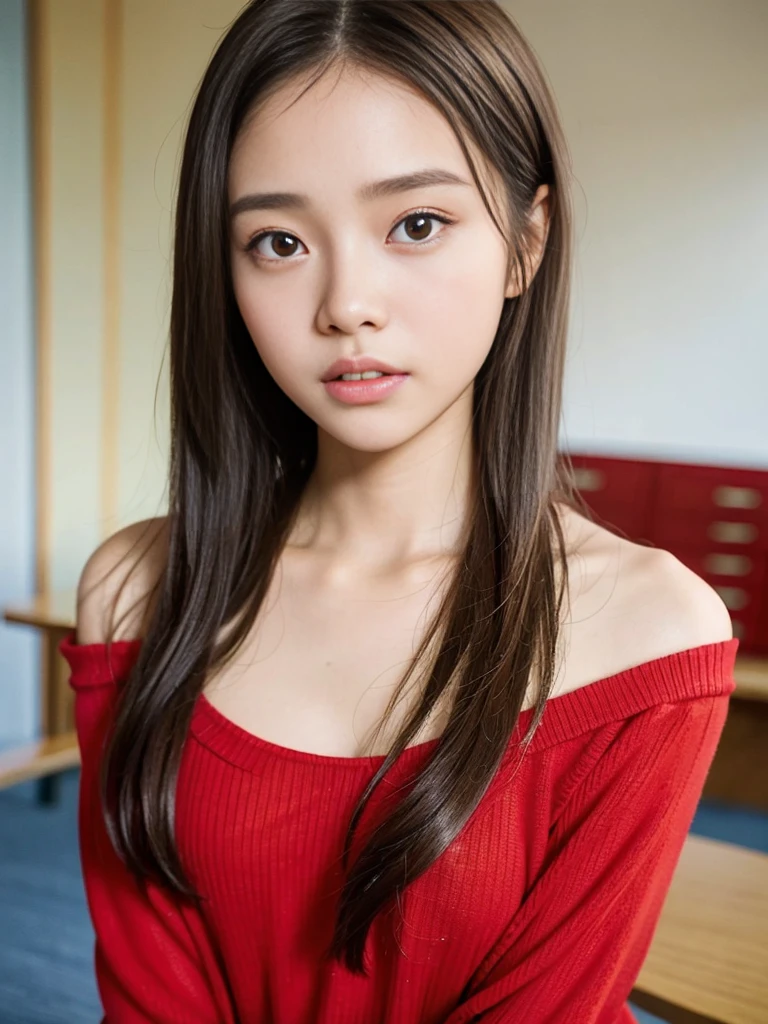 A filipina young girl, 14 years old baby face, long straight messy hair, random pose、top-quality、A high resolution、(Photorealsitic:1.5)、1 girl、Red sweater、(Brown hair:1.2)、(flat chested:1.2)、‎Classroom、looking at viewert、a closeup、full body Esbian、Nasty eyes, seducing viewer