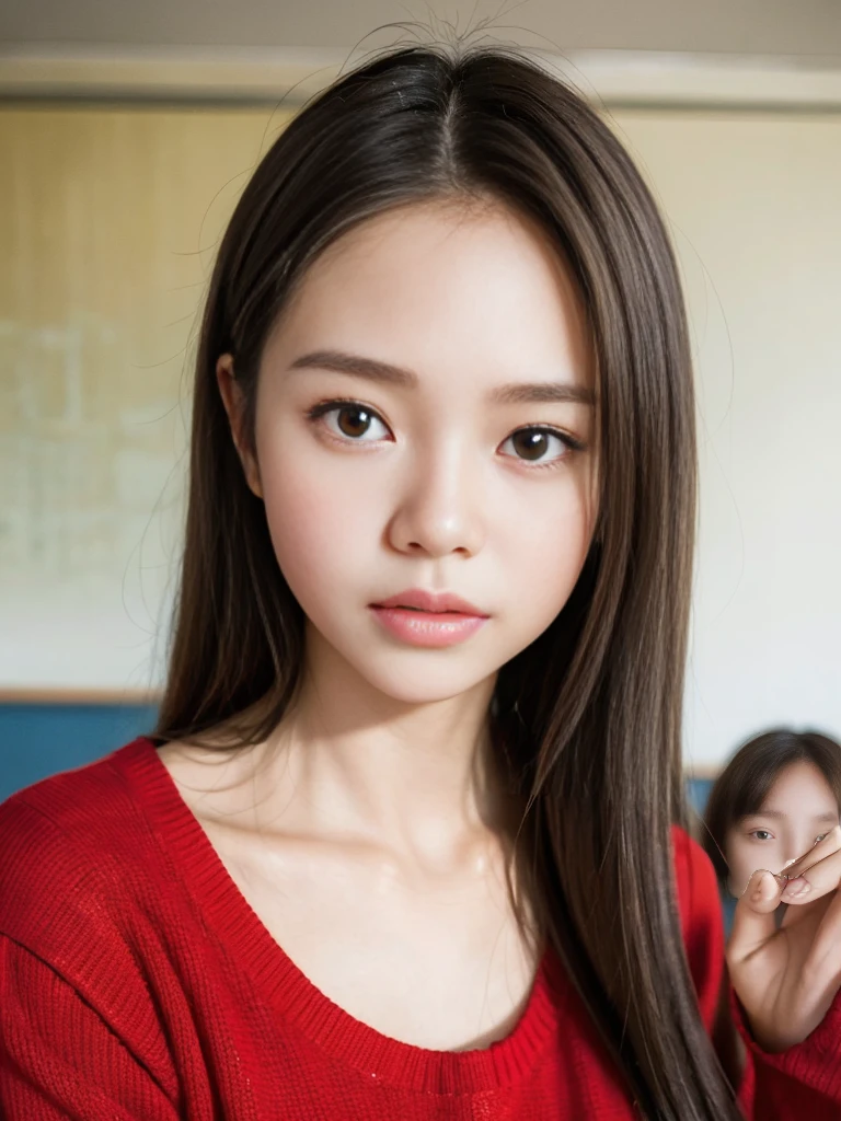 A filipina young girl, 14 years old baby face, long straight messy hair, random pose、top-quality、A high resolution、(Photorealsitic:1.5)、1 girl、Red sweater、(Brown hair:1.2)、(flat chested:1.2)、‎Classroom、looking at viewert、a closeup、full body Esbian、Nasty eyes, seducing viewer