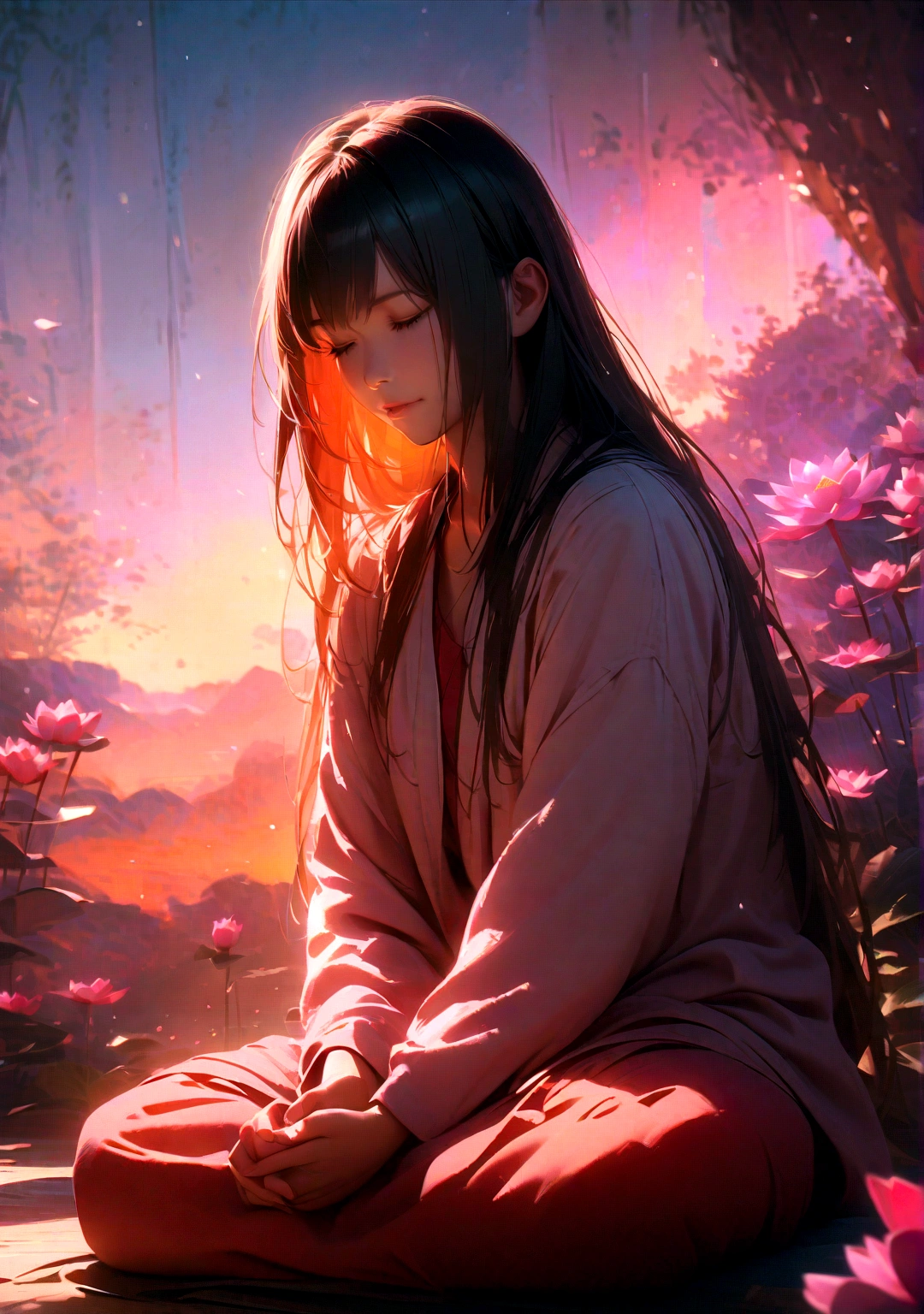 a person meditating at sunrise, serene expression, peaceful atmosphere, natural light, warm colors, detailed face, long hair, lotus position, tranquil background, cinematic lighting, introspective mood, spiritual awakening, inner harmony, mindfulness, self-control, best quality, 8k, highres, masterpiece, photorealistic, vivid colors, cinematic lighting