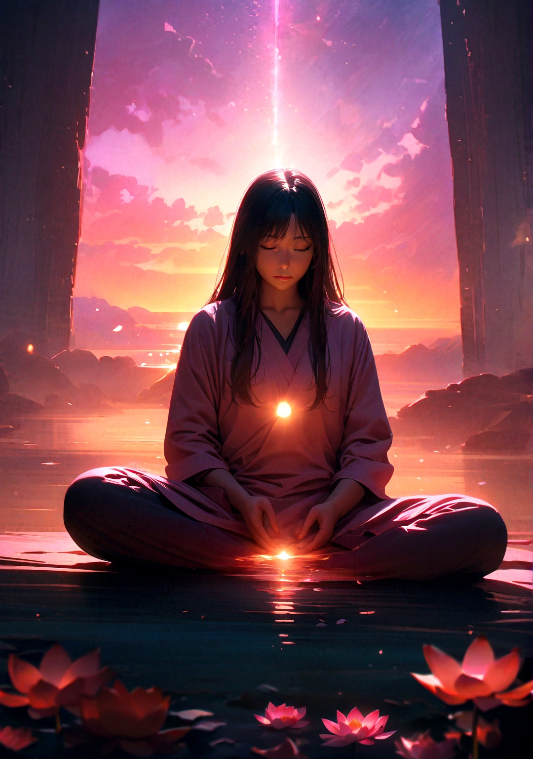 a person meditating at sunrise, serene expression, peaceful atmosphere, natural light, warm colors, detailed face, long hair, lotus position, tranquil background, cinematic lighting, introspective mood, spiritual awakening, inner harmony, mindfulness, self-control, best quality, 8k, highres, masterpiece, photorealistic, vivid colors, cinematic lighting