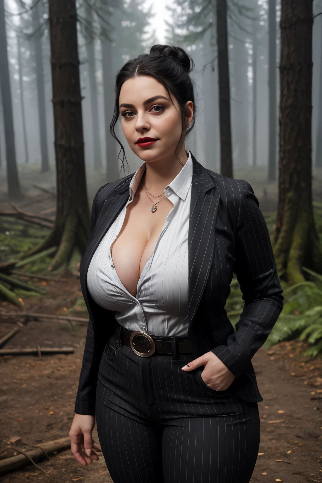(masterpiece), best quality, realistic, 1girl, janerodbd, black eyes, lips, dirty face, dirty clothes, latina, pinstripe jacket, pinstripe pants, shirt, high-waist pants, belt, black hair, single hair bun, simple background, creepy background, forest, myst, (looking at viewer:1.2), flustered, smirk, perfect lighting, curvy, thick, wide hips, (large breasts:1.2), cleavage,