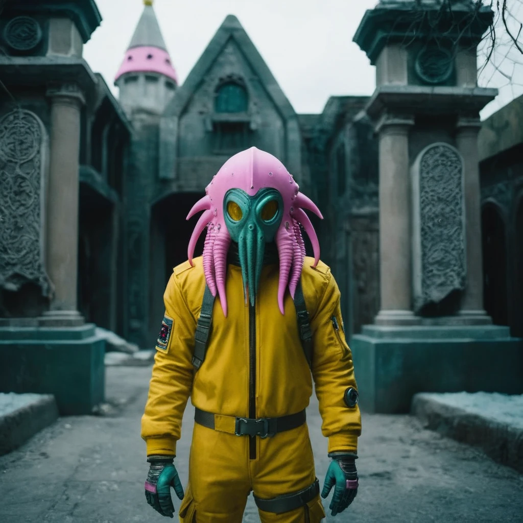 Horror-themed,  In an ancient and mysterious city a person wearing a yellow helmet with pink dark spikes on it carcosa city style, Don Bluth Style ASTRONAUT Cthulhu yellow Toon Doll, full body RAW candid cinema, cyan hair, 16mm, color graded portra 400 film, Eerie, unsettling, dark, spooky, suspenseful, grim, highly detailed, titanium decorative headdress, cinematic, trending on artstation | Isometric | Centered