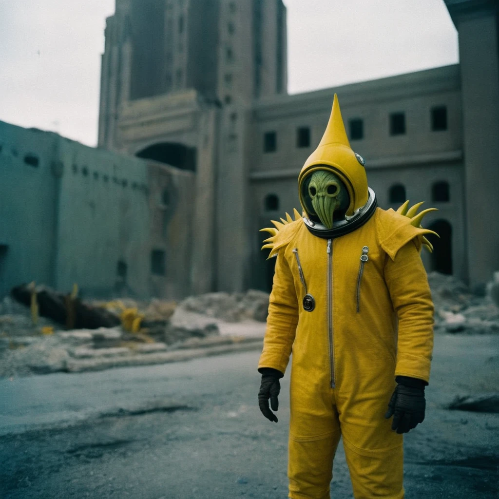 Horror-themed,  In an ancient and mysterious city a person wearing a yellow helmet with yellow spikes on it carcosa city style, Don Bluth Style ASTRONAUT Cthulhu yellow Toon Doll, full body RAW candid cinema, cyan hair, 16mm, color graded portra 400 film, Eerie, unsettling, dark, spooky, suspenseful, grim, highly detailed