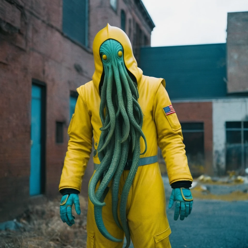 Horror-themed,  In an ancient and mysterious city a person wearing a yellow helmet with yellow spikes on it carcosa city style, Don Bluth Style ASTRONAUT Cthulhu yellow Toon Doll, full body RAW candid cinema, cyan hair, 16mm, color graded portra 400 film, Eerie, unsettling, dark, spooky, suspenseful, grim, highly detailed