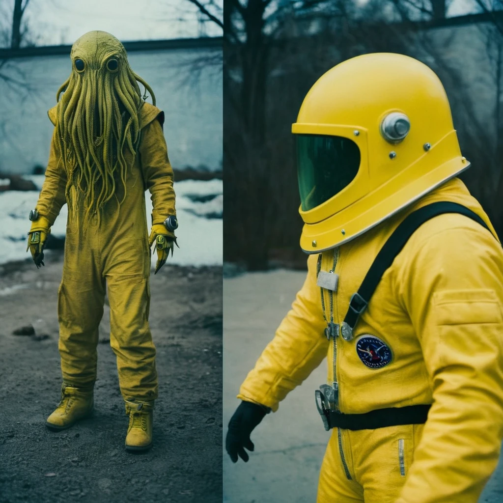 Horror-themed,  In an ancient and mysterious city a person wearing a yellow helmet with yellow spikes on it carcosa city style, Don Bluth Style ASTRONAUT Cthulhu yellow Toon Doll, full body RAW candid cinema, cyan hair, 16mm, color graded portra 400 film, Eerie, unsettling, dark, spooky, suspenseful, grim, highly detailed