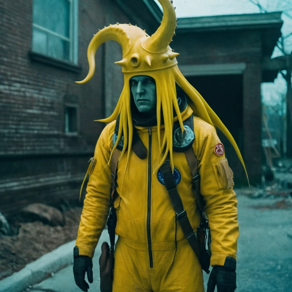 Horror-themed, In an ancient and mysterious city a person wearing a yellow helmet with yellow spikes on it carcosa city style, Don Bluth Style ASTRONAUT Cthulhu yellow Toon Doll, full body RAW candid cinema, cyan hair, 16mm, color graded portra 400 film, Eerie, unsettling, dark, spooky, suspenseful, grim, highly detailed