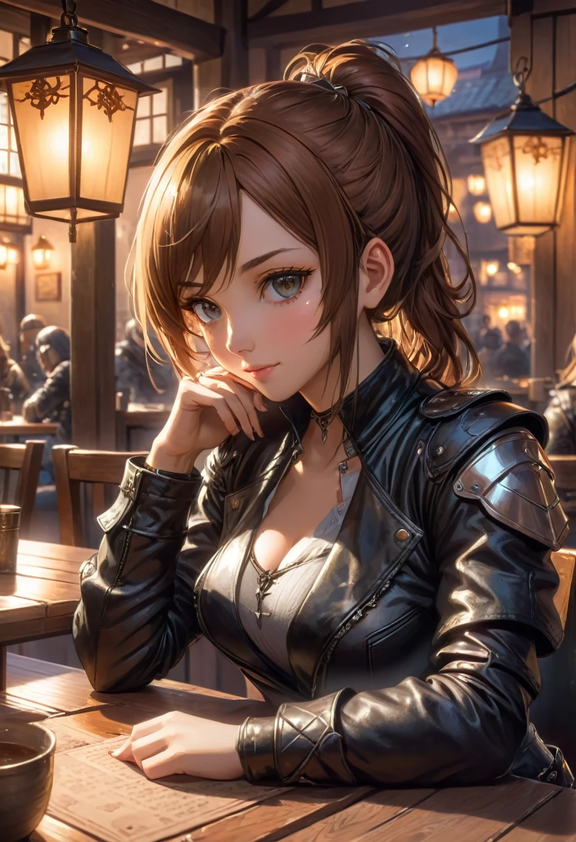 anime scene of a woman in leathers sitting at a table, artwork in the style of guweiz, guweiz, hyperrealistic d & d fantasy art, relaxing concept art, 2. 5 d cgi anime fantasy artwork, wlop and krenz cushart, warm fantasy lighting, best on wlop, fantasy gorgeous lighting
