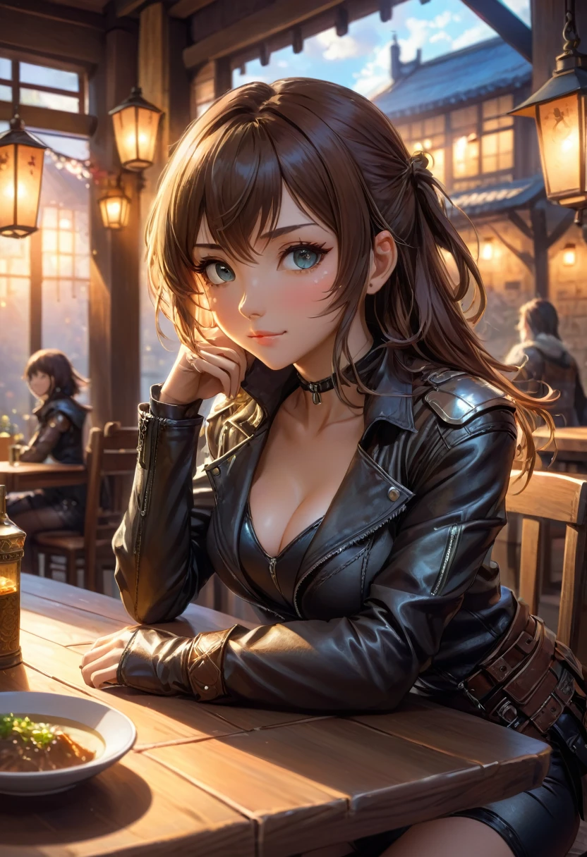 anime scene of a woman in leathers sitting at a table, artwork in the style of guweiz, guweiz, hyperrealistic d & d fantasy art, relaxing concept art, 2. 5 d cgi anime fantasy artwork, wlop and krenz cushart, warm fantasy lighting, best on wlop, fantasy gorgeous lighting