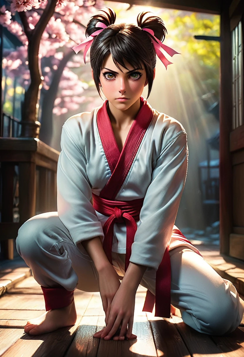 (Realisttic:1.2), analog photo style, (cute woman looking like Sakura Kasugano from "Street Fighter"), (cute detailed face, intensed detailed eyes), (her full body s a visual pleasure), faint smile, soft shading, lifelike skin texture, sexy and seductive, light reflection on the floor, three dimensional effect, gloomy dark atmosphere, play of light in the sun rays, faded colours, great quality, Masterpiece, intricate fantasy background, naturally cinematic light, 16k quality, HDR, RAW photo