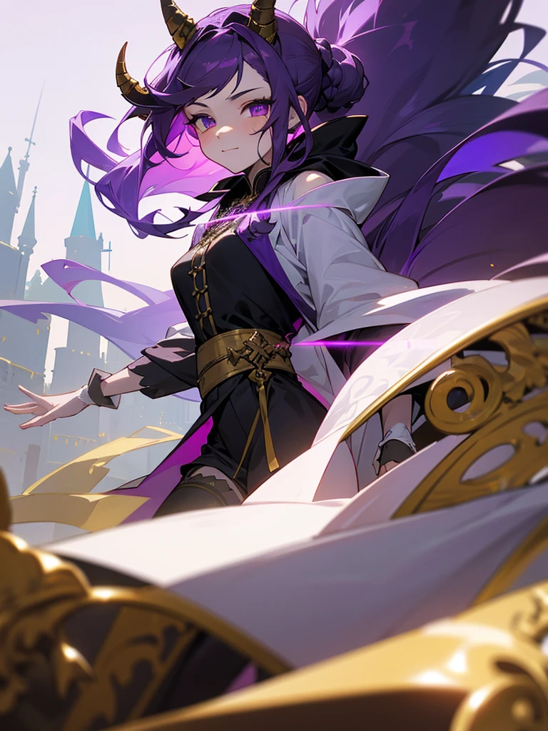 cheerful boy aristocrat open forehead. dark purple hair braided in a ponytail on the left side to one side. sinuous black horns wrapped in dark purple ribbon. pale violet eyes. in short dark purple shorts. long white T-shirt. dark purple knee-high socks. a white long robe with a hood flutters in the wind. black ancient stone walls of the castle purple light from lamps with gold ornaments, heterochromia, long curly hair, pale skin, I look at the viewer, closed mouth, bright smile, Beautiful, extremely detailed eye, Absolutely amazing art, extremely detailed, Digital art of the highest quality, full length, old piano, ancient walls of a stone castle, high school student, put in a bun with a hairpin, Street trees in autumn