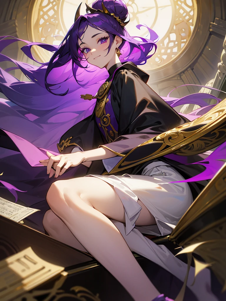 cheerful boy aristocrat open forehead. dark purple hair braided in a ponytail on the left side to one side. sinuous black horns wrapped in dark purple ribbon. pale violet eyes. in short dark purple shorts. long white T-shirt. dark purple knee-high socks. a white long robe with a hood flutters in the wind. black ancient stone walls of the castle purple light from lamps with gold ornaments, heterochromia, long curly hair, pale skin, I look at the viewer, closed mouth, bright smile, Beautiful, extremely detailed eye, Absolutely amazing art, extremely detailed, Digital art of the highest quality, full length, old piano, ancient walls of a stone castle, high school student, put in a bun with a hairpin, Street trees in autumn
