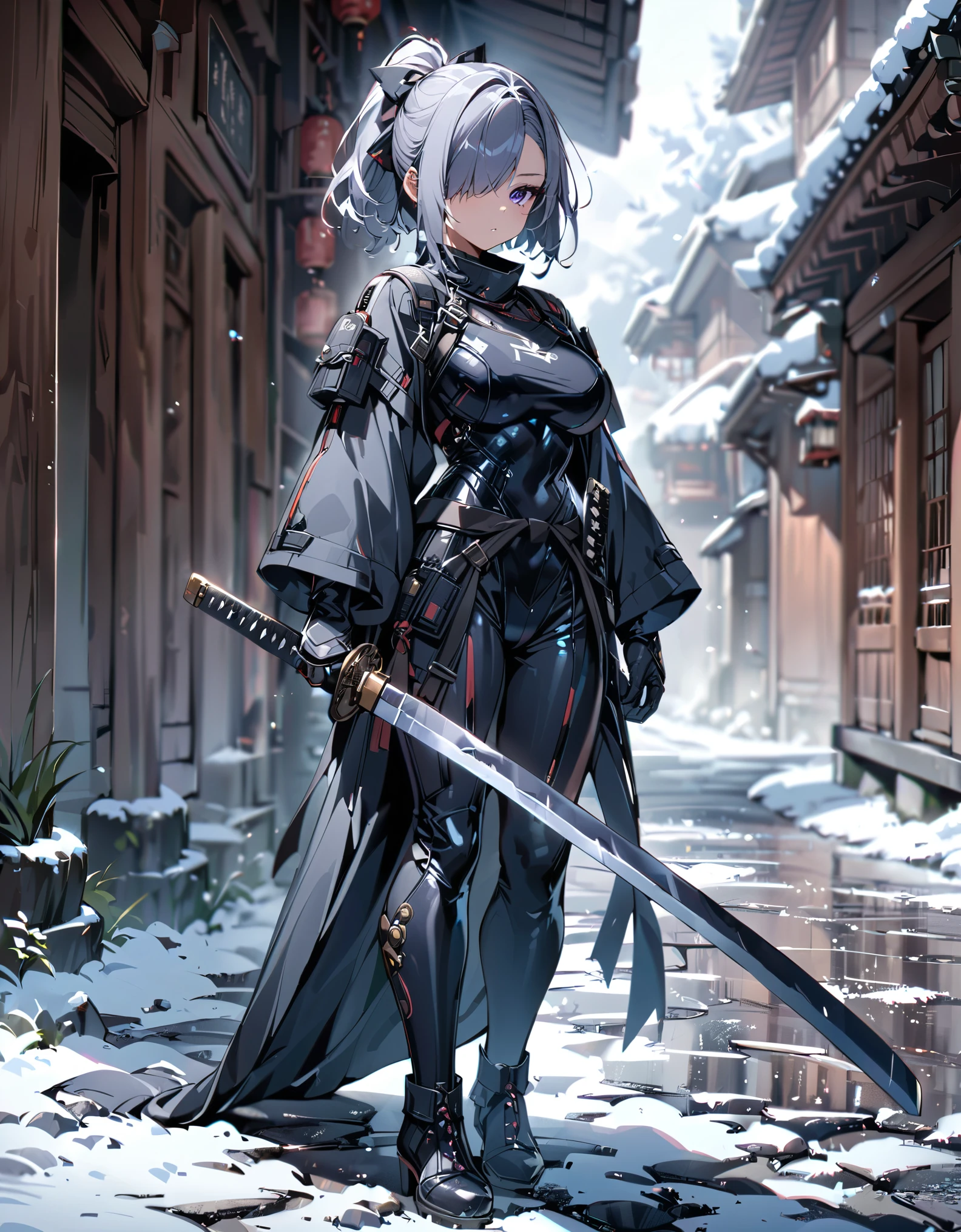 masterpiece, highly detailed, best quality, high quality, 1girl, (solo, solo focus), purple eyes, beautiful detailed eyes, beautiful detailed face, perfect hands, complete fingers, perfect anatomy, perfect proportions, (short hair, bob hair, ponytail hair, grey hair), (hair over one eye:1.3), ((using weapon, two katana swords)), detailed shadows, detailed light, (black skintight bodysuit, (black leotard), shoulder holster), (full black pantyhose, skintight black leggings), matching boots, full body, serious, cowboy shot, snowy alleyway backdrop. full body costume design.