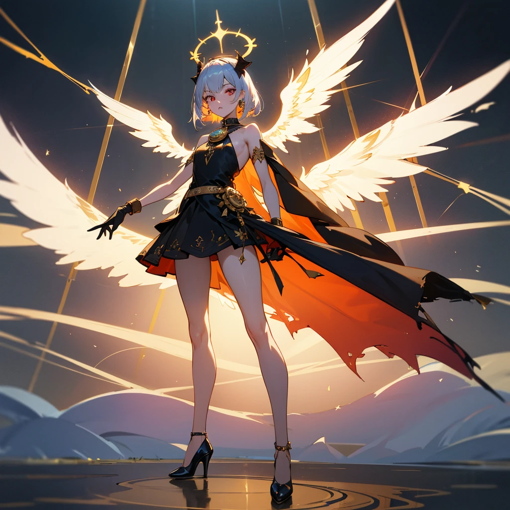 The best of Masterpiece on The Worldwide, the best of landscapes on worldwide, Improved quality, the best of shadow, High quality, Good ???????, Healthy body, Whole fingers, Normal digits, HD quality image, fantasy, fantasy landscape beautiful and cute girl, perfect and cute girl, perfect skin, perfect hairstyle can be a long hair or a short hair, all perfect hairstyle, beautiful girl, perfect half hair color, hair accesories, perfect Heterochromia eyes, highlight, perfect view, perfect body, full body( all body like head, nose, mouth, neck, shoulder, arm, hand, ????, thighs, legs, and feet on picture), iron collar, small ??????, diamond earrings, gold bell bracelet, gold bell anklet, holy angel halo, fallen angel halo, demon's horns, 3 pairs of wings on 1 body(like a pair of holy angel wings, ((a pair of fallen angel wings), a pair of demon wings)), demon tail, beast eyes, White-Red-Black-Golden sleeveless halter neck loose A-line dress closed ??????, the companion color of the dress is gold, belt, mini skirt with side slits, Elbow-length gloves, pantyhose, high heels, vibrant color grading, anime, standing, perfect tattoo, black-gold king crown, (Sword of victory), 6 magic spell, magic circle, long cloak with fur, cinematic anime