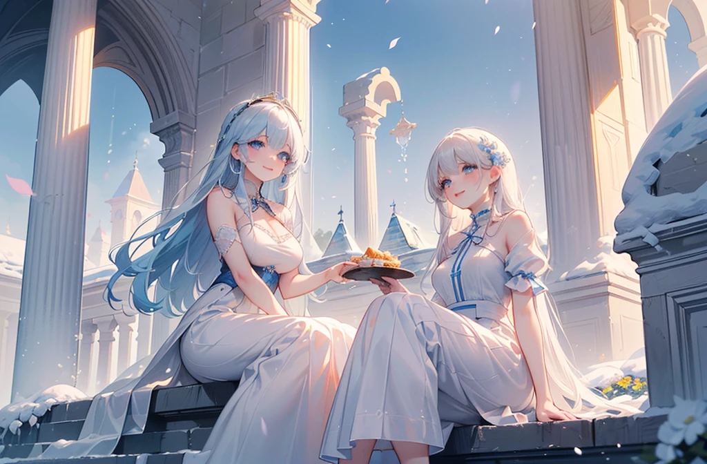((best quality,masterpiece,Extremely complex and exquisite details,There is only one beautiful girl with long white straight hair and blue eyes,Smile,long skirt)),(Exquisite light blue and white clothing,Beautiful bright and exquisite ancient style white castle architectural background),(correct anatomy,exquisite face),(Exquisite fantasy dream style,Snow,Falling Flowers,The great outdoors),Sitting