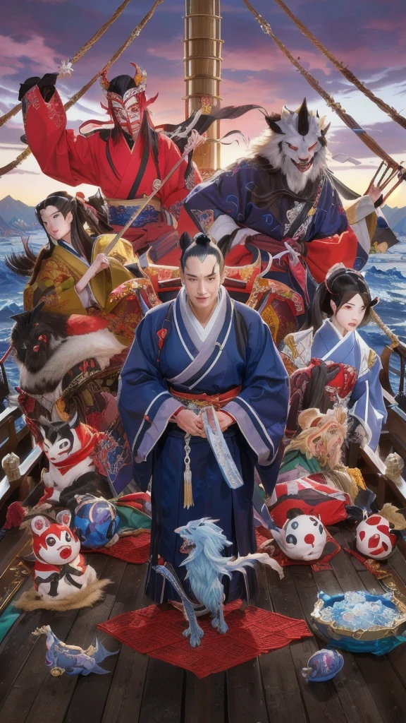 A live-action image of a group of monsters on a boat, Key Art, Movie artwork, onmyoji, Pop Japonism 3d Ultra Detailed, 4k art, Full Art, inspired by Kanō Sansetsu, The Detailed Art of the Onmyoji, Works inspired by Kano Hogai, journey to the west, Anime movies、Night Parade of One Hundred Demons