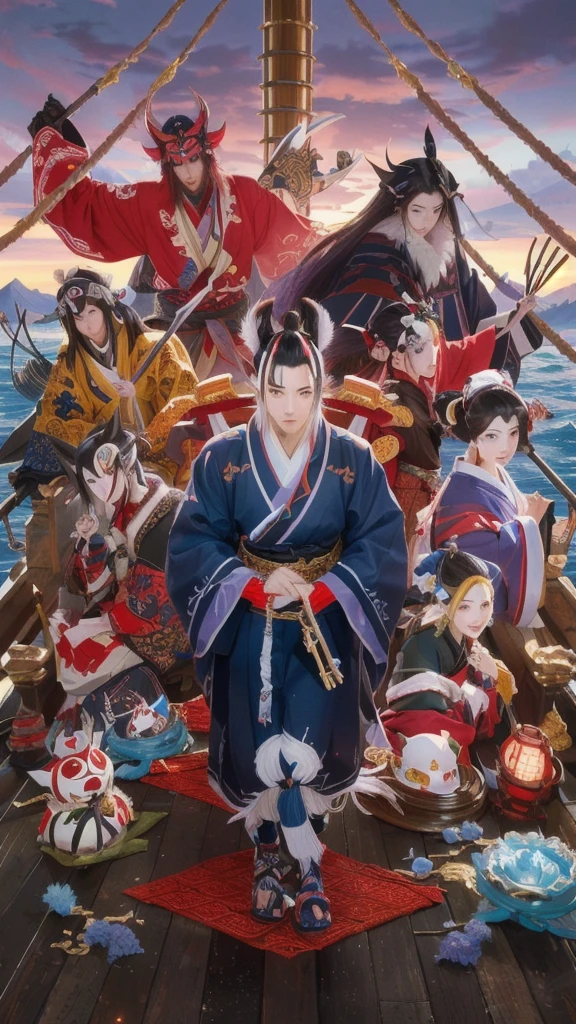 A live-action image of a group of monsters on a boat, Key Art, Movie artwork, onmyoji, Pop Japonism 3d Ultra Detailed, 4k art, Full Art, inspired by Kanō Sansetsu, The Detailed Art of the Onmyoji, Works inspired by Kano Hogai, journey to the west, Anime movies、Night Parade of One Hundred Demons