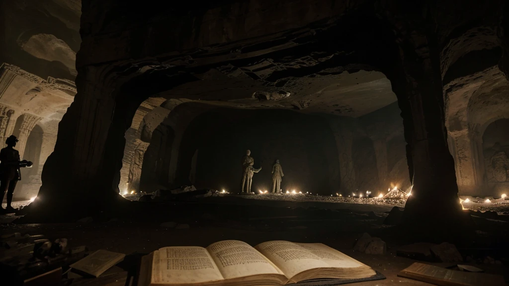 A large, eerie cave with an ancient statue at its center. The friends stand in awe, with a book lying open in front of the statue.