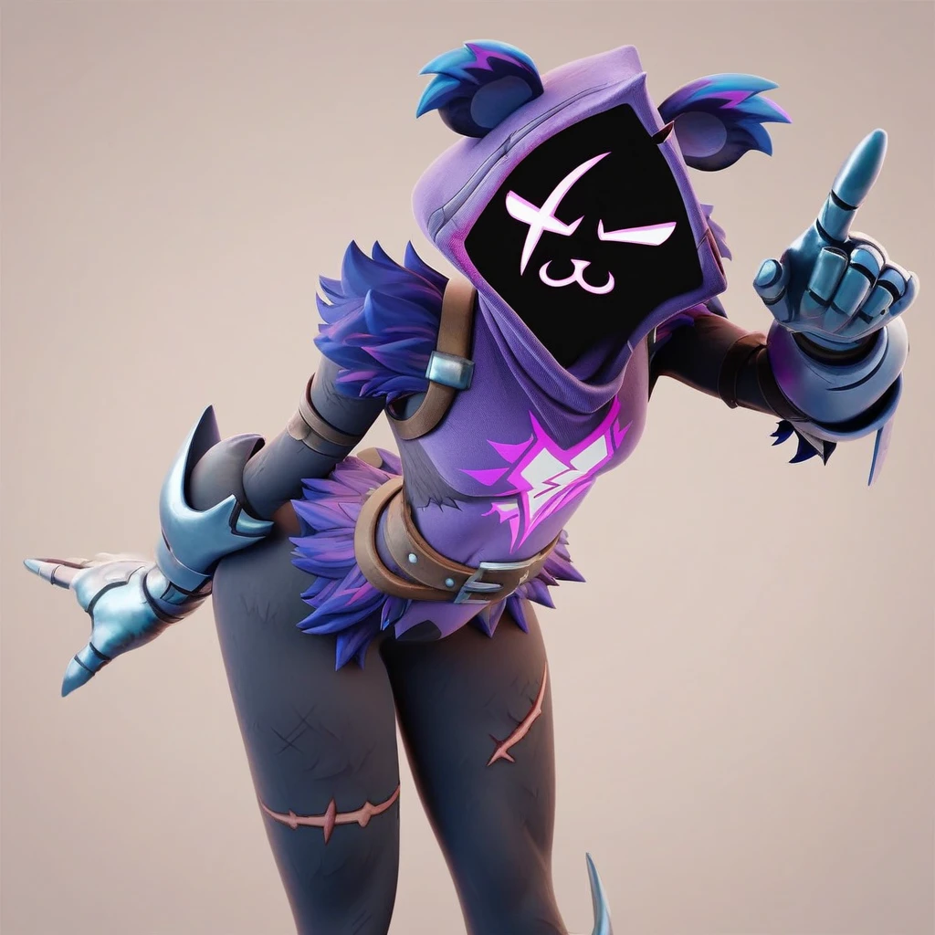 Raven team leader,purple hoodie, with no face, shadowed face, animal ears,purple skin, scar on eye, body skin, purple fur, waist belt, torso symbol, metal gloves, pointing your ass at the viewer, leaning forward, pushing, she closes her eyes, hands resting on top of a small wall, her with her eyes closed, hands are not in the air, expression of force, clear and blue day