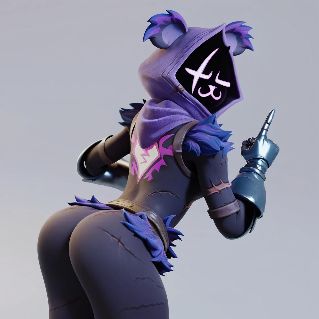 Raven team leader,purple hoodie, with no face, shadowed face, animal ears,purple skin, scar on eye, body skin, purple fur, waist belt, torso symbol, metal gloves, pointing your ass at the viewer, leaning forward, pushing, she closes her eyes, hands resting on top of a small wall, her with her eyes closed, hands are not in the air, expression of force, clear and blue day