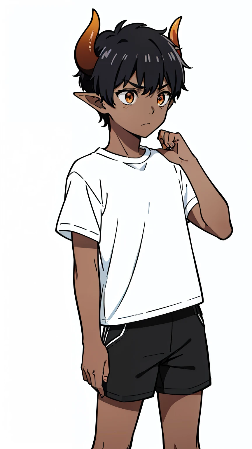 (1boy,,solo,kid),((dark skin)),((white shirt,short sleeves,black shorts)),short hair,black hair,elf ears,sad,(horns),(white background),upper bidy,orange eyes