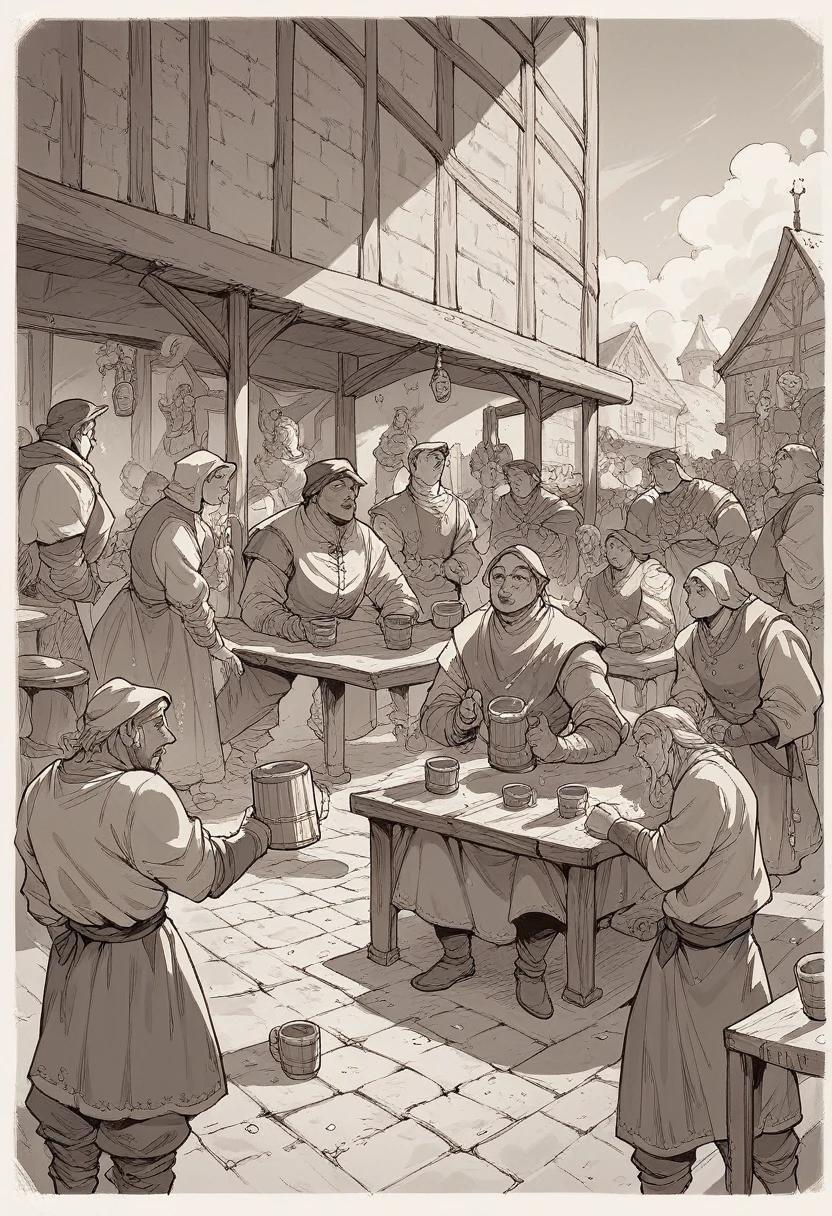 Crowded tavern, widespread fight, mugs being thrown, medieval times