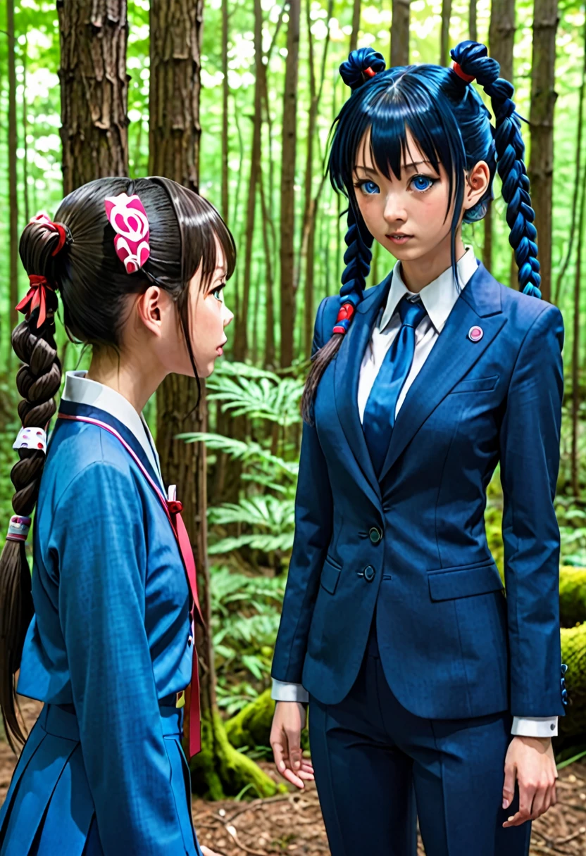 Japanese girl with pigtail,blue eyes and blue suit talking to a demon in a forest