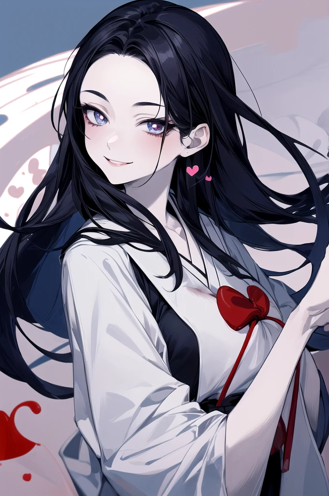 1woman, calm face and with a smile, japanese sailor uniform, Bright, light blue eyes, heart-shaped pupils, black fur, pale skin, blood on the face