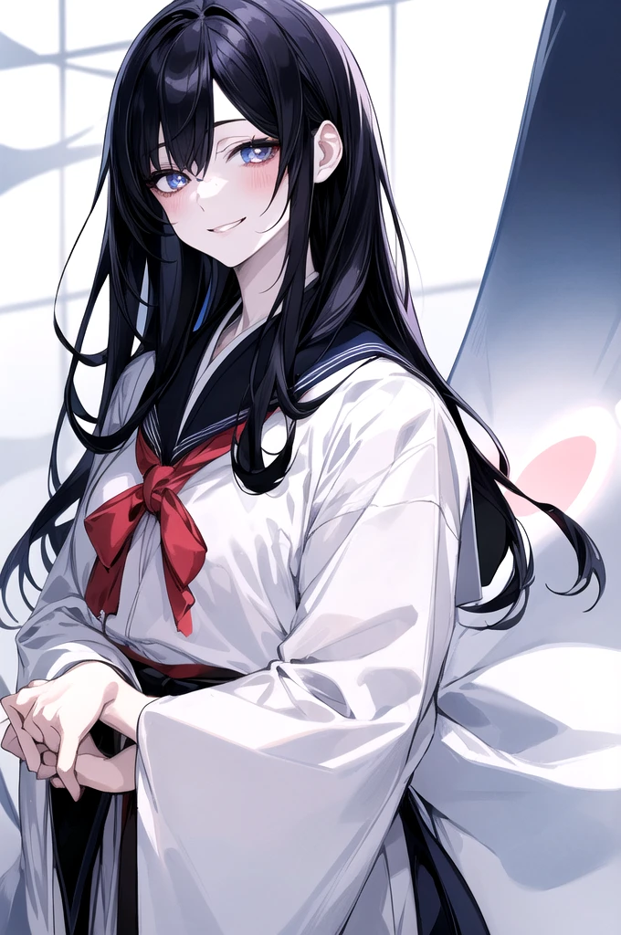 1woman, calm face and with a smile, japanese sailor uniform, Bright, light blue eyes, heart-shaped pupils, black fur, pale skin, blood on the face