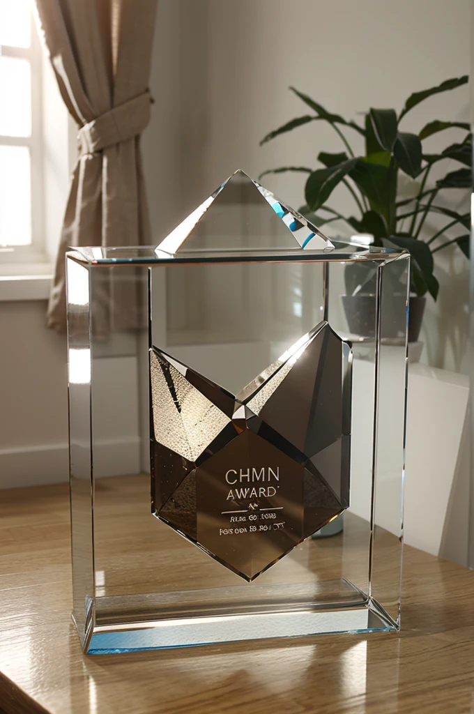 A 3D crystal glass frame box resembling an award that says &#39;Facebook Award&#39;, Inside is a handsome Indonesian man who is smiling, with bokeh effect, Realistic, and focus