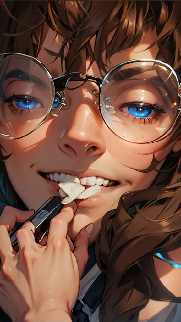 Boy with glasses, face close up, brown hair, kind smile, Blue eyes, Best quality, masterpiece