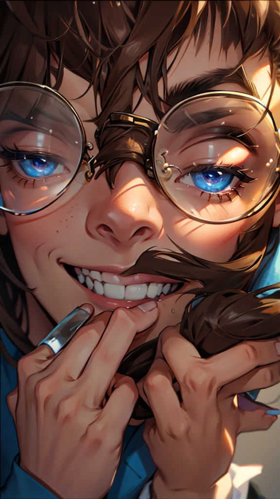Boy with glasses, face close up, brown hair, kind smile, Blue eyes, Best quality, masterpiece