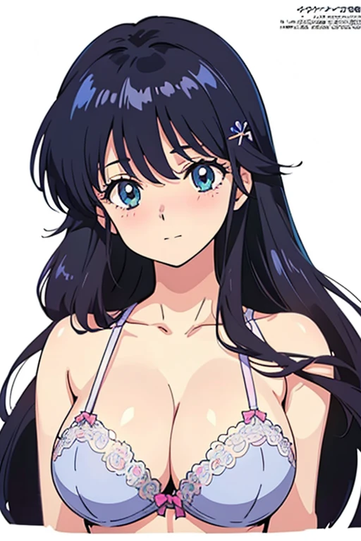 (masutepiece, Best Quality, High resolution:1.5, anime colours, megami magazine:1.2, anime poster style, anime keyvisual, sharp, 8k, photorealistic), (beautiful detailed eyes:1.5, beautiful detailed face:1.2), madoka ayukawa, 1girl, blush, (black hair, Long Hair), (sagging huge breasts), cleavage, (lingerie), upper body, (Perfect detailed Anatomy, beautiful detailed hair, beautiful detailed body:1.2, shiny skin), (thick outline, Beautiful outlines, black outlines), simple background