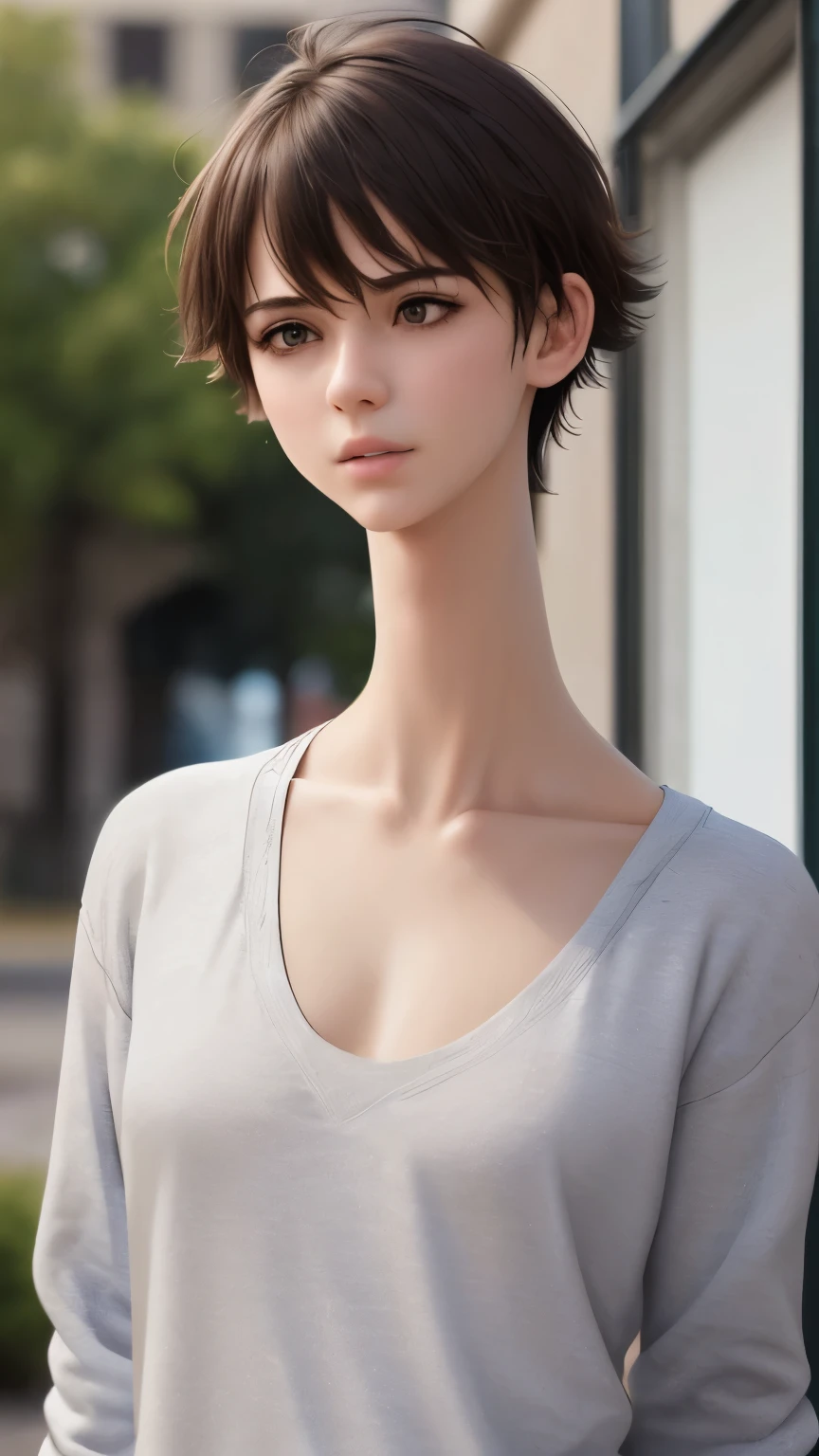 (ultra realistic, highly detailed:1.4), best quality, 18 yo. boy, androgynous femboy, short messy hair, (flat chest:1.2), oversized sweatshirt, posing for photo, (longneck:1.4)