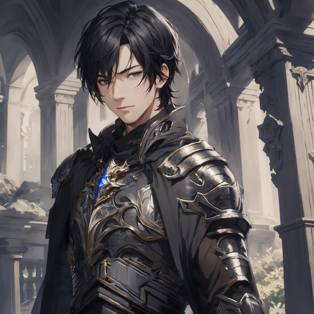 masterpiece, best quality, 1man, adult, male focus, solo, medium hair, black hair,, looking at viewer, cape, High quality metal texture, overcoat, closed mouth, upper body, bangs, high collar,(kbxll:0.6), Fantasy aesthetics, Highly detailed, shadowverse style, armored gloves, metallic gloves, black armor