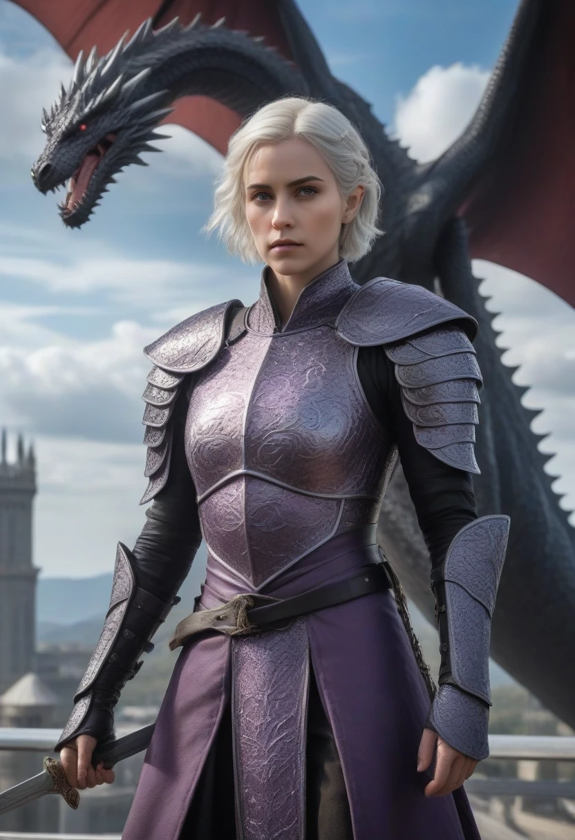 (Masterpiece artwork, 8K, uhd, best qualityer: 1.4), majestic portrait of Visenya Targaryen, (short straight silver hair: 1.3), (piercing violet eyes: 1.3), (imposing valirian armor: 1.2), (Valyrian steel longsword in hand: 1.2), (standing before a black dragon with shining scales: 1.3), (blue sky with dramatic clouds in the background: 1.2), (tall towers and suspension bridges of King&#39;s Landing visible in the distance: 1.1), (atmosphere of determination and power: 1.3), realistic and intricate details, (fantasy and story elements: 1.2), (heroic and noble perspective: 1.3)