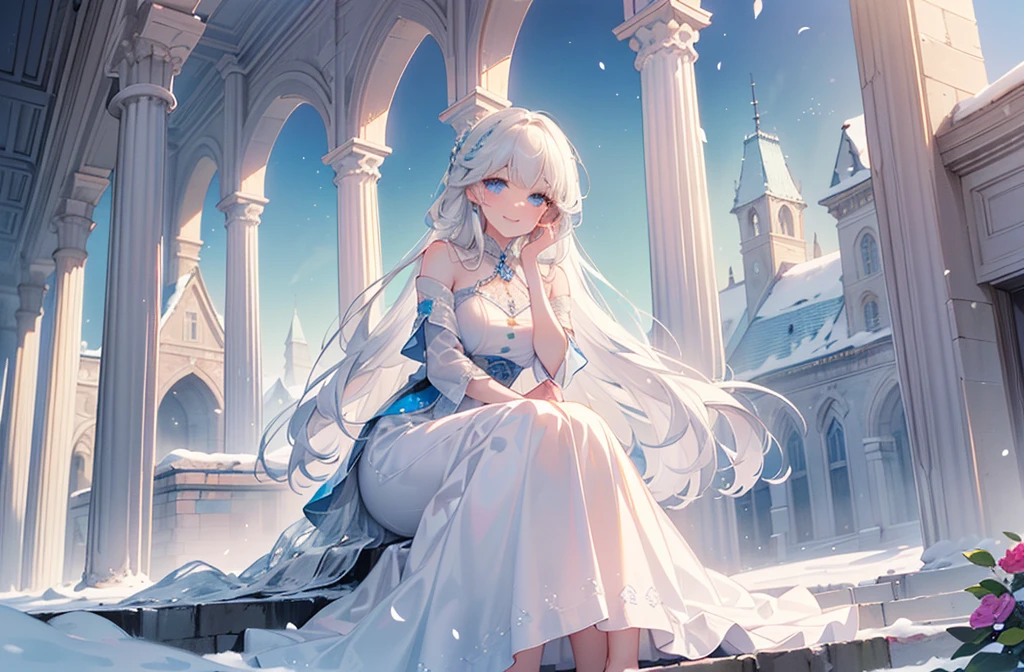 ((best quality,masterpiece,Extremely complex and exquisite details,There is only one beautiful girl with long white straight hair and blue eyes,Smile,long skirt)),(Exquisite light blue and white clothing,Beautiful bright and exquisite ancient style white castle architectural background),(correct anatomy,exquisite face),(Exquisite fantasy dream style,Snow,Falling Flowers,The great outdoors),Sitting
