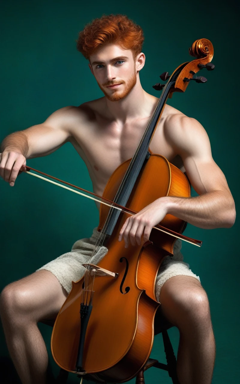 ((1 man wearing small black loincloth, sitt on a chair playing the cello a complete negative black space, smiling, focused gaze)) in henry scott tuke and Peter Paul Rubens art style, ultra detailed, ultra realistic, ambient lighting, becoming the subject composition, soft neutral colors, perfect components layout, divine proportions, wide angle, fullbody, in henry scott tuke art style, ultradetailed, ultrarealistic, 8k resolution, HD, a red head, hairy, slighly hairy body, slender, detailed eyes, detailed feet, detailed nose, detailed lips, detailed chin, detailed ears, detailed muscles, blue eyes, shirtless, barefoot, handsome, masculine, detailed feet, detailed hands, gorgeous, young man he is sad, sitting on a ultra detailed barroque chair, playing a green blue cello, masterpiece, pricewinner, madoka_magica ((background black negative space)