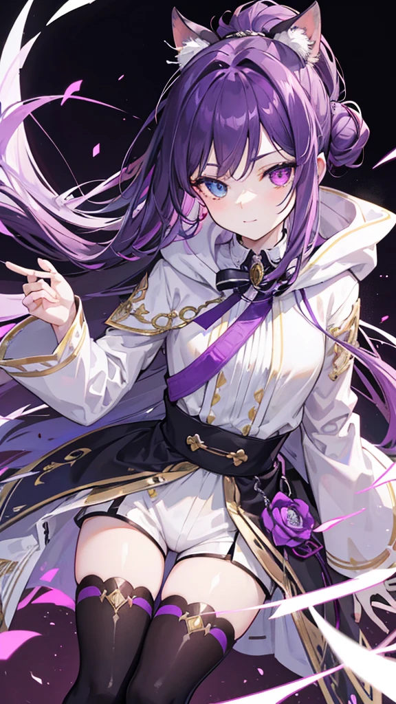 cheerful boy aristocrat open forehead. dark purple hair braided in a ponytail on the left side to one side. sinuous black horns wrapped in dark purple ribbon. pale violet eyes. in short dark purple shorts. long white T-shirt. dark purple knee-high socks. a white long robe with a hood flutters in the wind. black ancient stone walls of the castle purple light from lamps with gold ornaments, heterochromia, long curly hair, pale skin, I look at the viewer, closed mouth, bright smile, Beautiful, extremely detailed eye, Absolutely amazing art, extremely detailed, Digital art of the highest quality, full length, old piano, ancient walls of a stone castle, high school student, put in a bun with a hairpin, Street trees in autumn