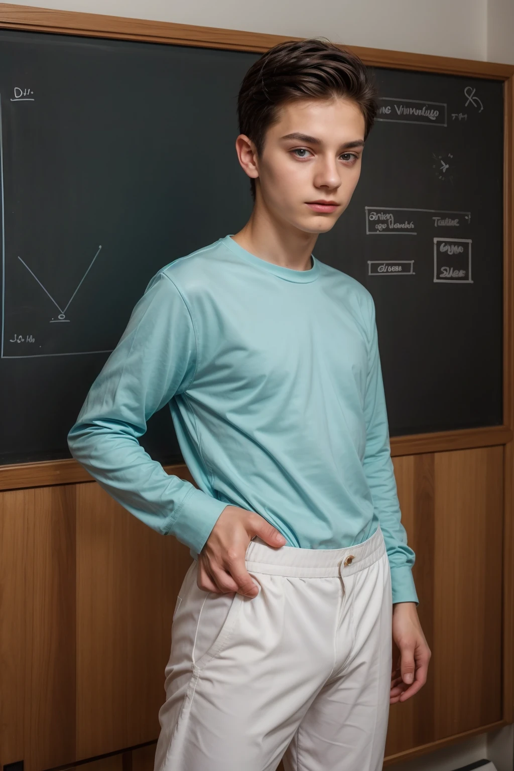 A beautiful young man, a cute male twink, with black hair, a face with reddish make-up, wearing a bright white long-sleeved shirt and aqua blue pants. He is in his office, and behind him is a blackboard on which is written the shape of the brain and its anatomy, and nuclear energy comes out of it.