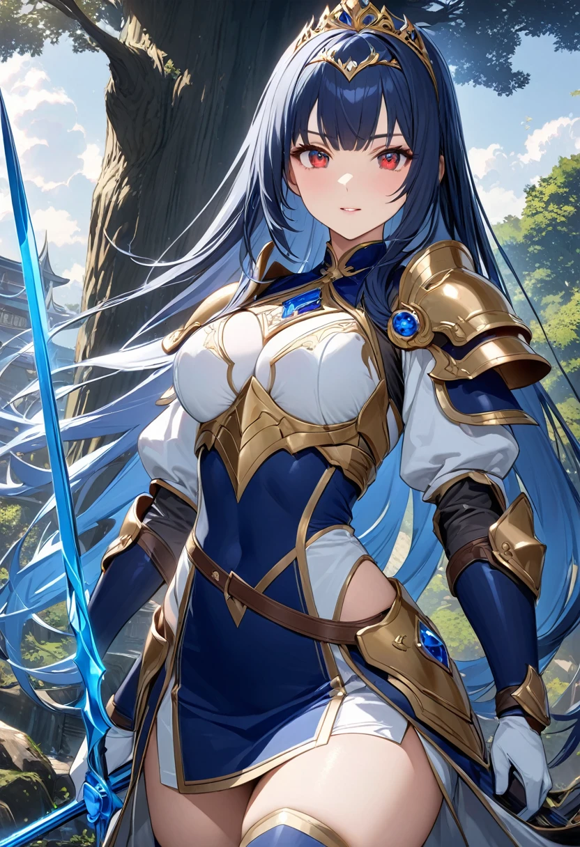 Highest quality、unity 8k wallpaper、32k、masterpiece、Very detailed、Ultra-high resolution、Very detailedな顔, RAW Photos, Professional, Ultra-fine painting, Midnight blue long straight hair、Platinum tiara with blue gemstones、Red Eyes、(Tree Eyes), Cool and sharp features, Hime cut, 20~A female magical warrior, about 24 years old.、White and gold breastplate、Blue and white leotard、(((Blue and white gold-embellished pencil skirt with side armor and long slits)))、Half puff sleeves with shoulder pads、A large white ribbon with a large sapphire on the chest、White and blue long gloves、White and blue thigh-high stiletto boots、whole body、He has a spear with a glowing blue blade