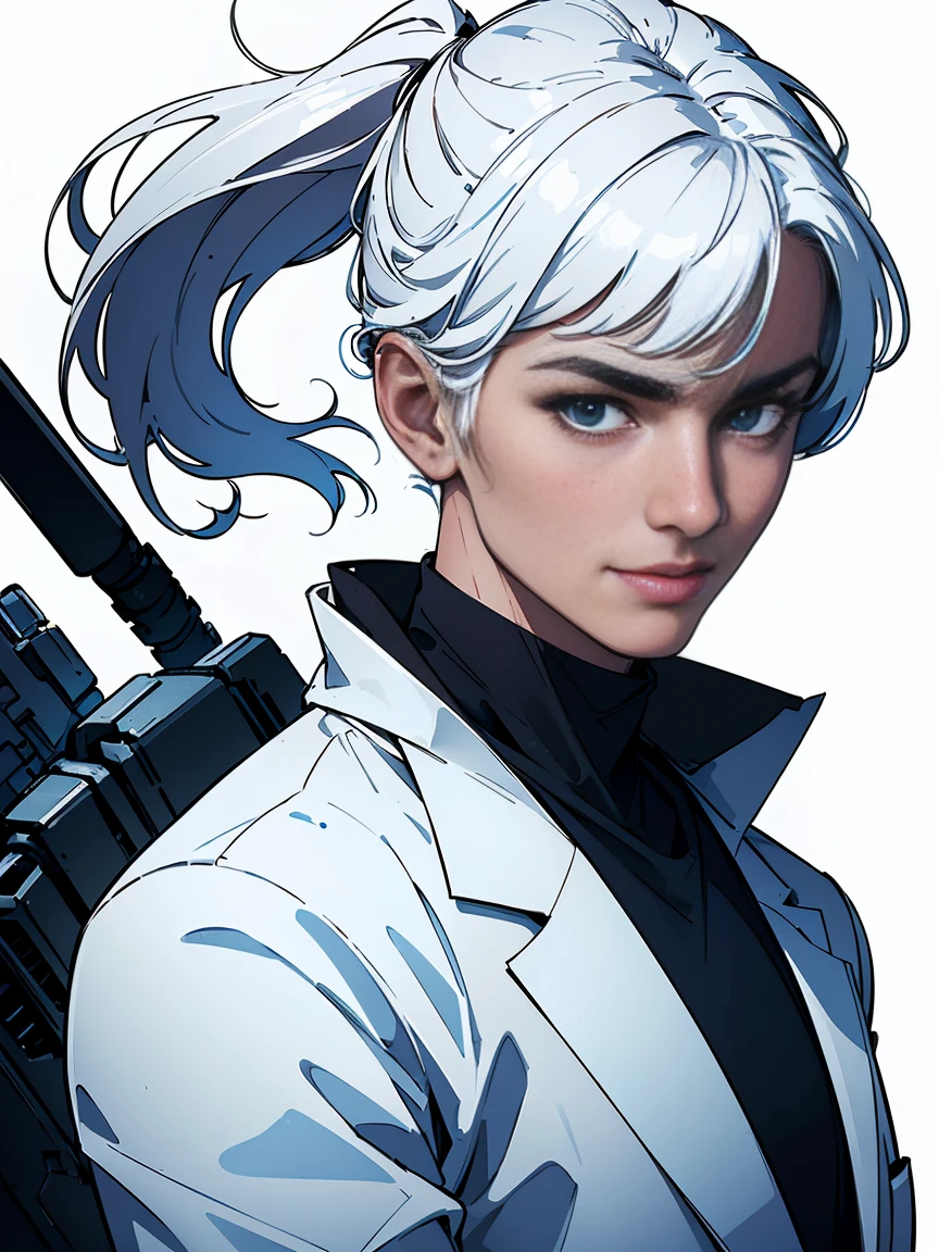(Best quality, A high resolution,ultra detailed,realistic:1.2),portrait, man, White skin, sci fi, scientist, face confident, A slight smile, elegant white suit, confident pose, medium straight back hair styled with side bangs, scientist, bright colors, Cyberpunk, dark background