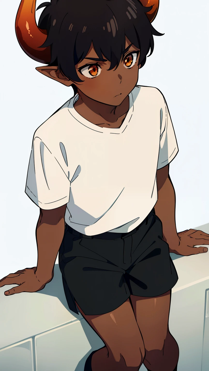 (1boy,solo,),((dark skin)),((white shirt,short sleeves,black shorts)),short hair,black hair,elf ears,shy,(horns),(white background),upper bidy,orange eyes