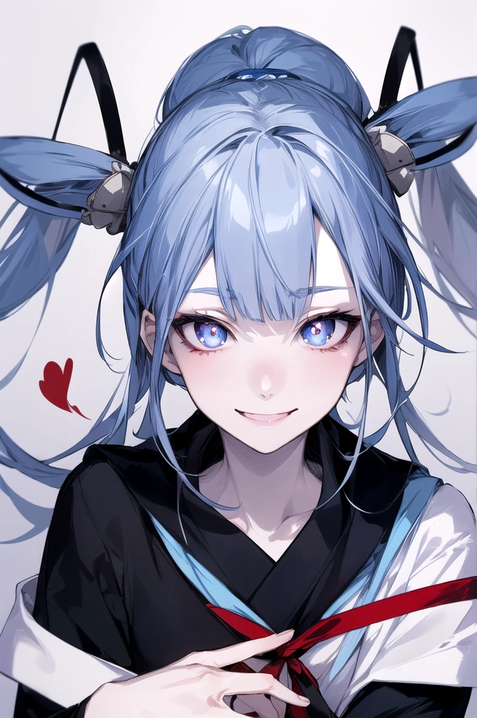 1woman, calm face and with a smile, basic japanese sailor uniform, Bright, light blue eyes, heart-shaped pupils, black fur, pale skin, blood on the face